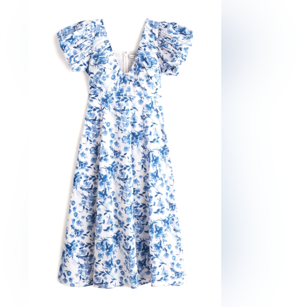 Abercrombie Puff Sleeve Plunge Midi Dress